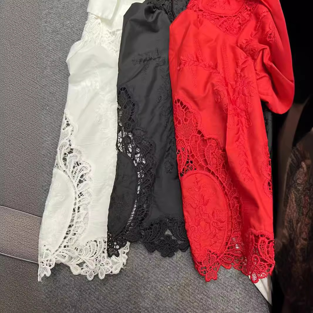 Thirteen line European Collar Bubble Sleeves Strap Waist Splicing Water soluble Flower Lace Dress Long Skirt A3 # 8138 Thirteen line European Collar Bubble Sleeves Strap Waist Splicing Water soluble Flower Lace Dress Long Skirt A3 # 8138