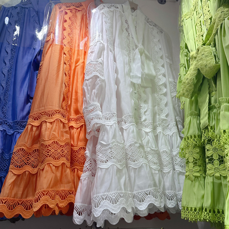 Thirteen Rows Australia Station European and American niche hollow lace splicing tie waist short A-line dress C1 # 1398 Thirteen Rows Australia Station European and American niche hollow lace splicing tie waist short A-line dress C1 # 1398