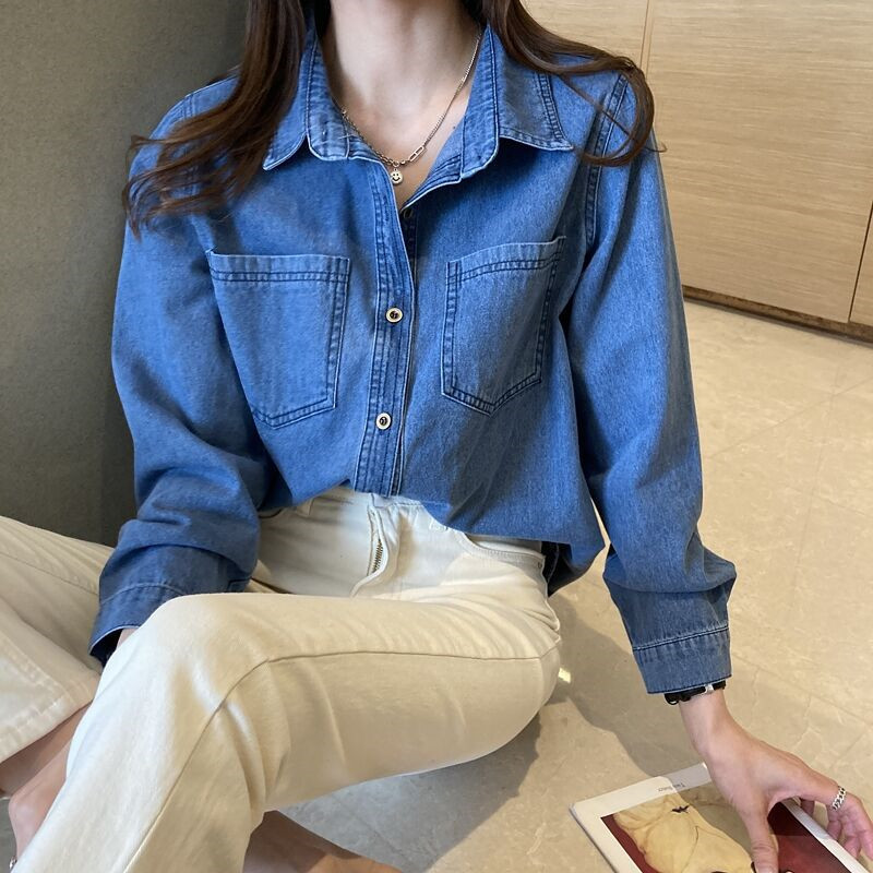 Deep Blue Retro Shoulder Port Style Soft Cowboy Shirt for Women's New Spring and Autumn 2025 Spring Fashion New Small Top Deep Blue Retro Shoulder Port Style Soft Cowboy Shirt for Women's New Spring and Autumn 2025 Spring Fashion New Small Top