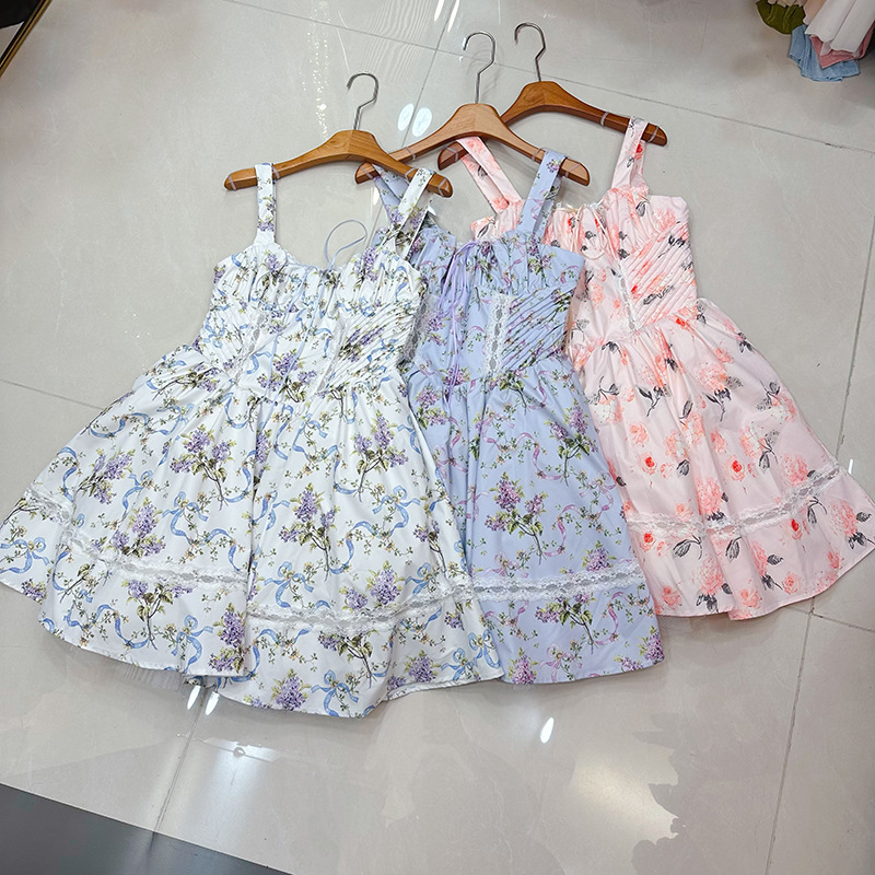 Thirteen line Australian niche print puffy skirt dress with waist cinched lace fishbone suspender short skirt A2 # 1035