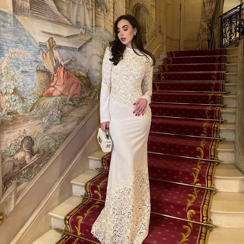 Mingyuan style lace embroidered dress long skirt 2025 new round neck long sleeved slim and slimming dress for women in autumn