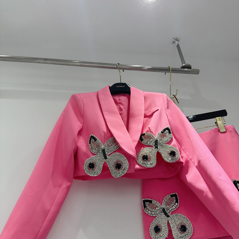 Thirteen line socialite high-end diamond studded butterfly suit, lapel deep V suit top+high waisted skirt F1 # 6823 Thirteen line socialite high-end diamond studded butterfly suit, lapel deep V suit top+high waisted skirt F1 # 6823