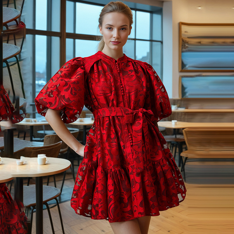 European and American high-end short skirt 2025 summer new fashionable bubble sleeve hollow jacquard lace up loose dress for women