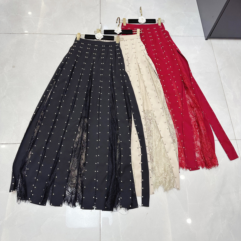 Thirteen lines French dark style sexy super long skirt new rivet decoration lace patchwork skirt C1 # 1621