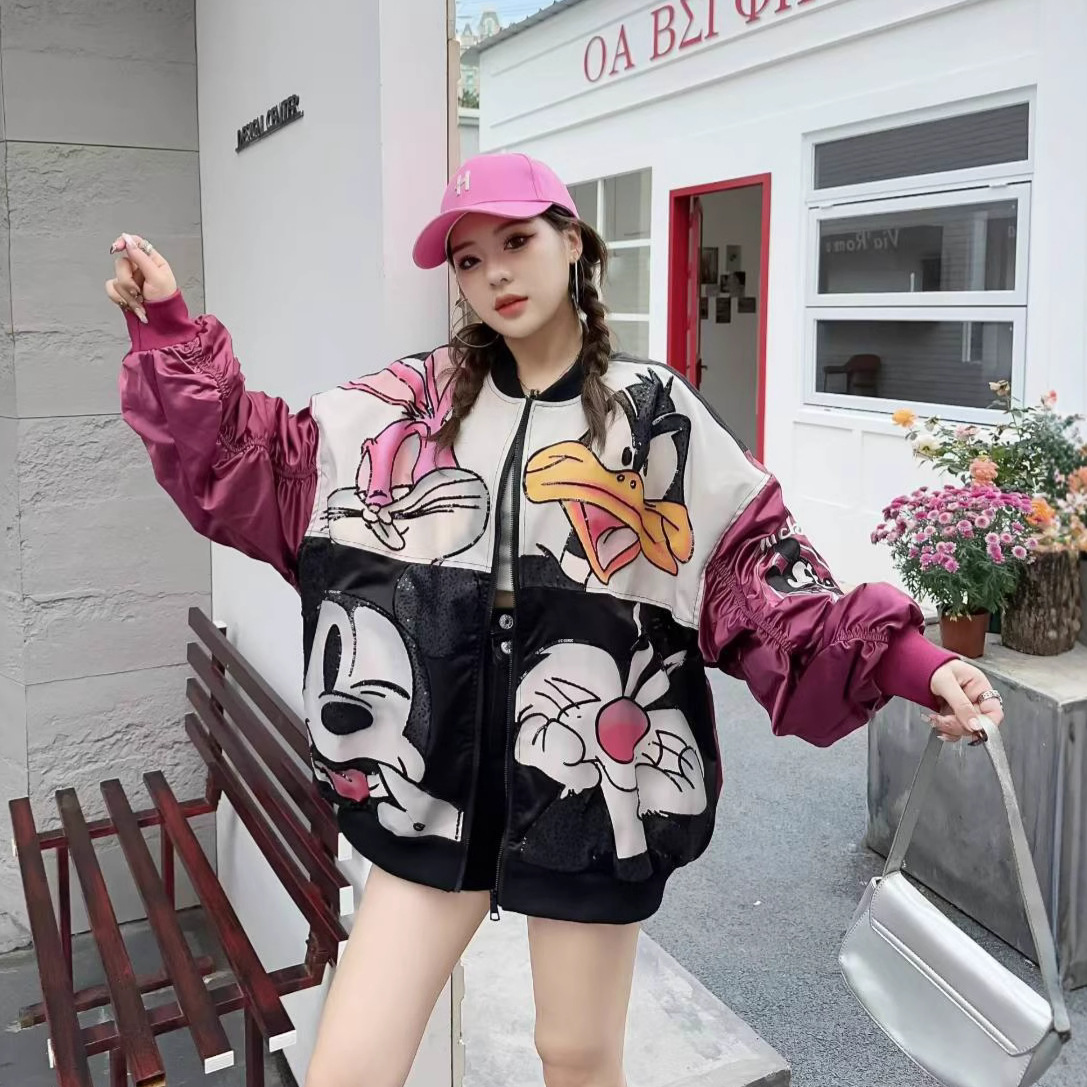 Thailand Chaopai 2025 Spring New American Vintage Cartoon Sequins Embroidery Loose Coat Top Women's Jacket