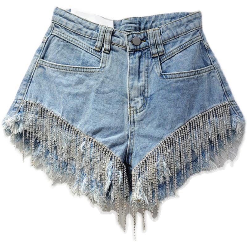 European Station 2023 Spring/Summer New Collection: Broken Hole High Waist Water Diamond Tassel Chain, Slim Fit and Slim Straight Tube Denim Shorts for Women European Station 2023 Spring/Summer New Collection: Broken Hole High Waist Water Diamond Tassel Chain, Slim Fit and Slim Straight Tube Denim Shorts for Women