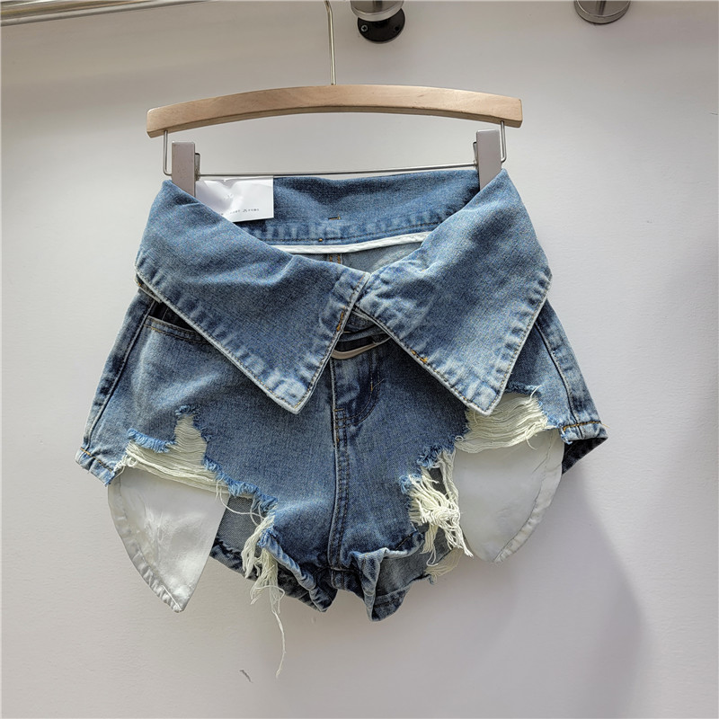 Hot girl retro ripped jeans women summer high waist slimming ins trendy shorts small niche wide leg pants