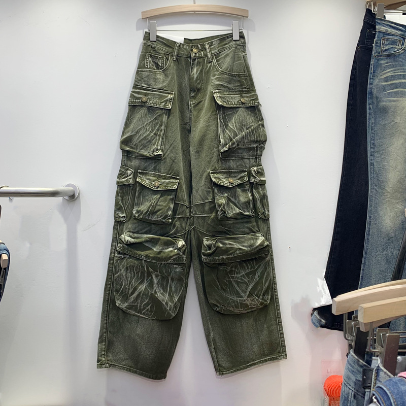 American retro 2023 autumn new straight leg pants loose pants heavy industry, large pocket workwear denim pants for women American retro 2023 autumn new straight leg pants loose pants heavy industry, large pocket workwear denim pants for women