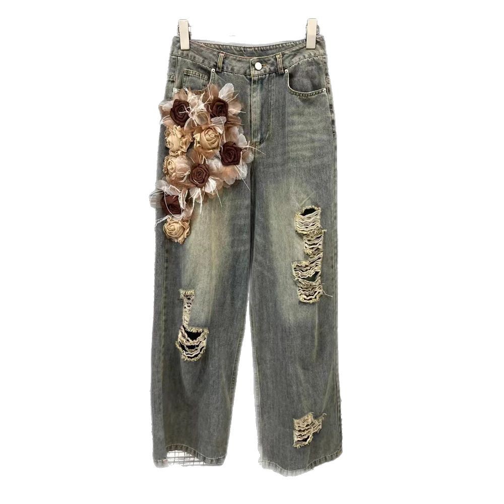 European Station 2025 Spring New Personalized Hot Girl Chiffon 3D Flower Piercing Wash Water Wide Leg Jeans Women's Trendy European Station 2025 Spring New Personalized Hot Girl Chiffon 3D Flower Piercing Wash Water Wide Leg Jeans Women's Trendy