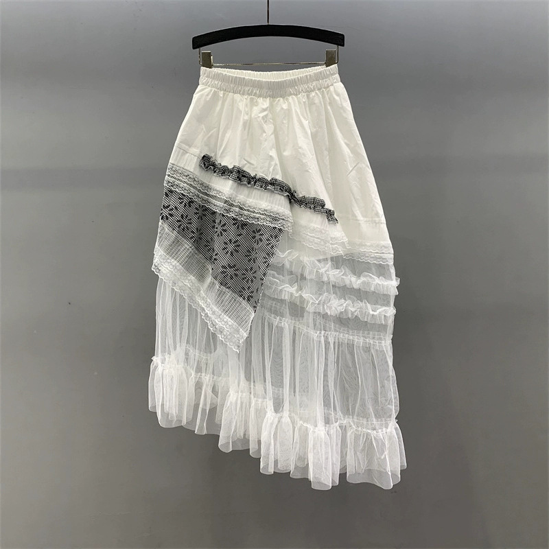 Irregular lace mesh patchwork skirt for women's summer 2025 new high waisted loose fit slimming A-line large swing long skirt Irregular lace mesh patchwork skirt for women's summer 2025 new high waisted loose fit slimming A-line large swing long skirt