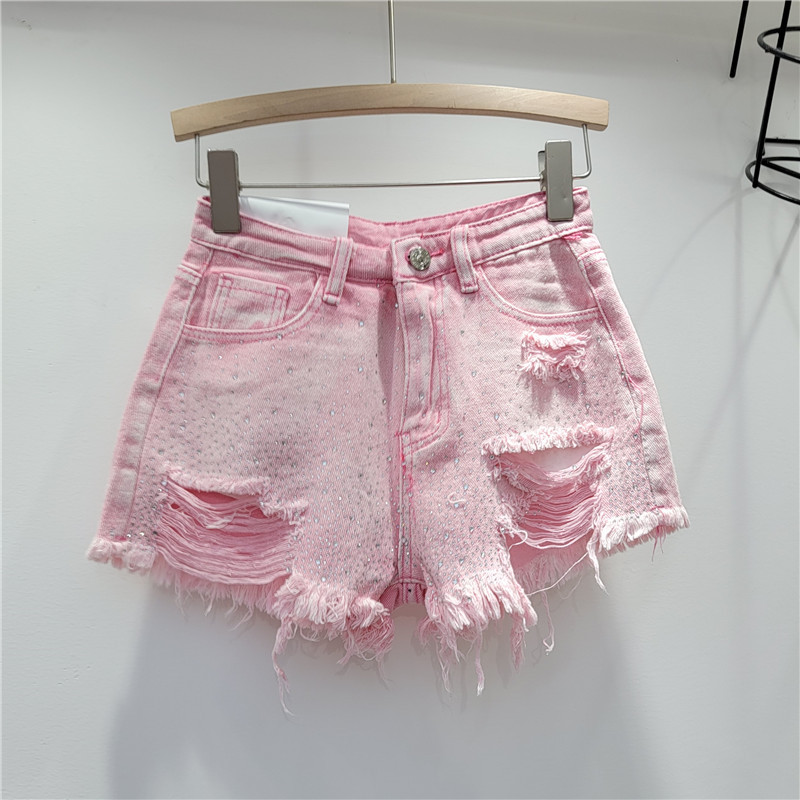 Broken hole denim shorts for women, 2023 new summer outfit, high waist slimming, heavy industry color hot stamping, spicy girl, wide leg hot pants