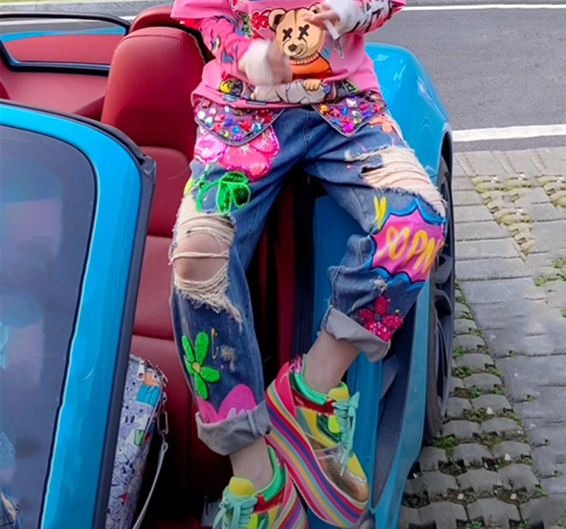 European 2023 Spring New Heavy Industry Nail Bead Piercing Jeans Women's High Waist Loose Straight Pants Cross border Trendy Brand European 2023 Spring New Heavy Industry Nail Bead Piercing Jeans Women's High Waist Loose Straight Pants Cross border Trendy Brand