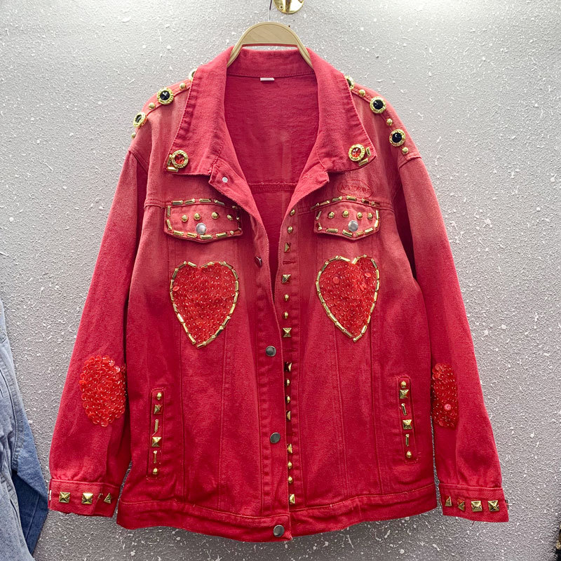 European and American style design 2023 autumn and winter new heavy industry nail drill sequins love red denim jacket women's cross-border trendy brand