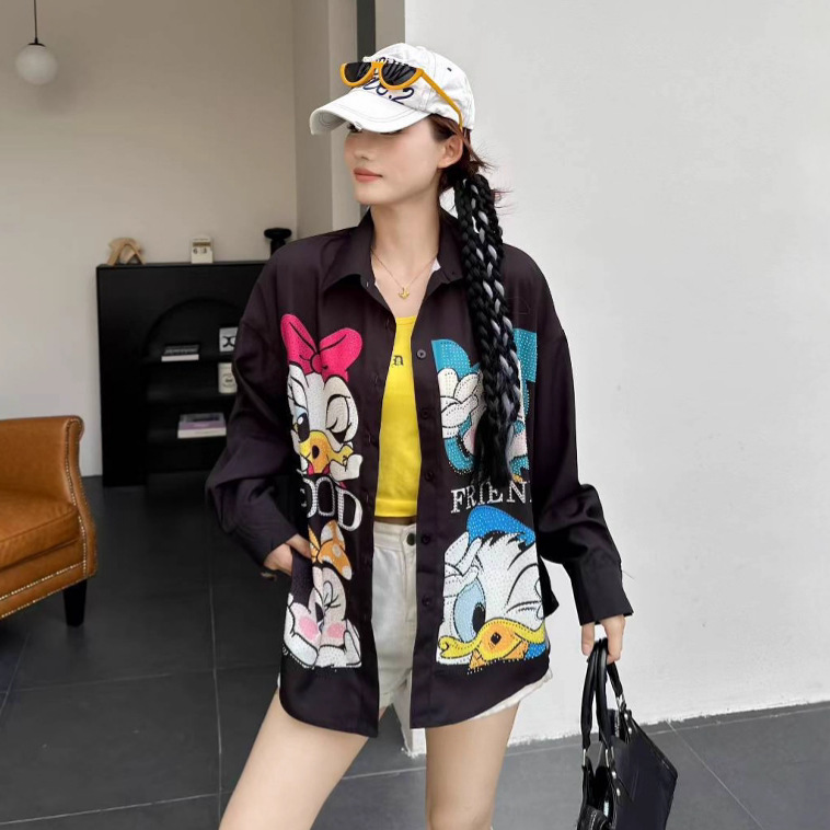 European Station Trendy Heavy Industry Printed Cartoon Shirt for Women 2025 Autumn New Style Loose and Stylish Versatile Long Sleeve Top European Station Trendy Heavy Industry Printed Cartoon Shirt for Women 2025 Autumn New Style Loose and Stylish Versatile Long Sleeve Top