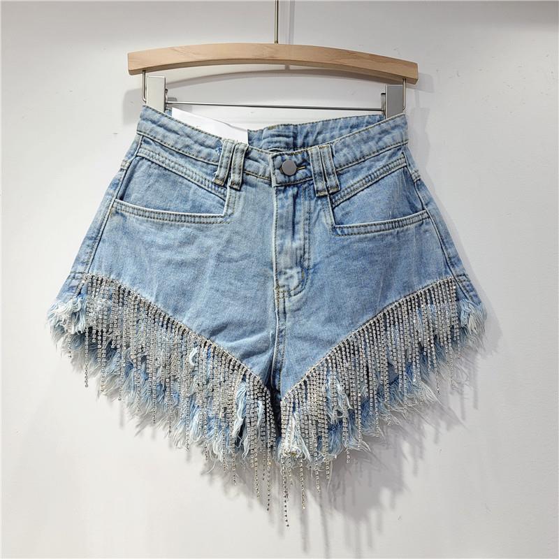European Station 2023 Spring/Summer New Collection: Broken Hole High Waist Water Diamond Tassel Chain, Slim Fit and Slim Straight Tube Denim Shorts for Women
