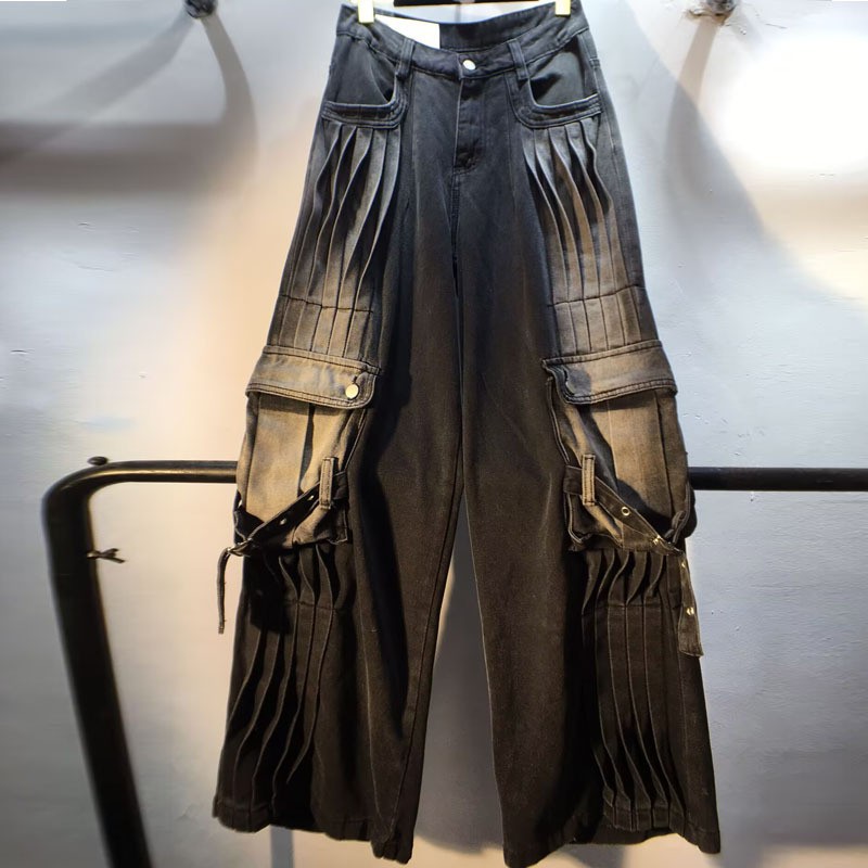 European station 2025 Spring and Autumn new pleated design, high waist slimming work pants, straight leg denim pants, women's trendy brand European station 2025 Spring and Autumn new pleated design, high waist slimming work pants, straight leg denim pants, women's trendy brand