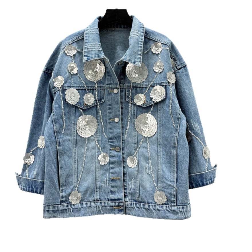 Thailand Chaopai 2025 Spring Autumn New Heavy Industry Sequins Denim Coat Women's Loose Slim Collar Long Sleeve Top Thailand Chaopai 2025 Spring Autumn New Heavy Industry Sequins Denim Coat Women's Loose Slim Collar Long Sleeve Top