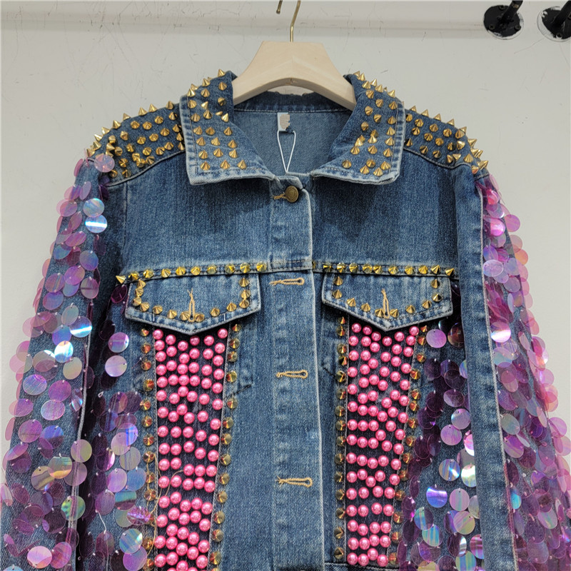 2023 autumn new heavy industry nail bead powder sequin denim jacket, women's short and short top design jacket 2023 autumn new heavy industry nail bead powder sequin denim jacket, women's short and short top design jacket