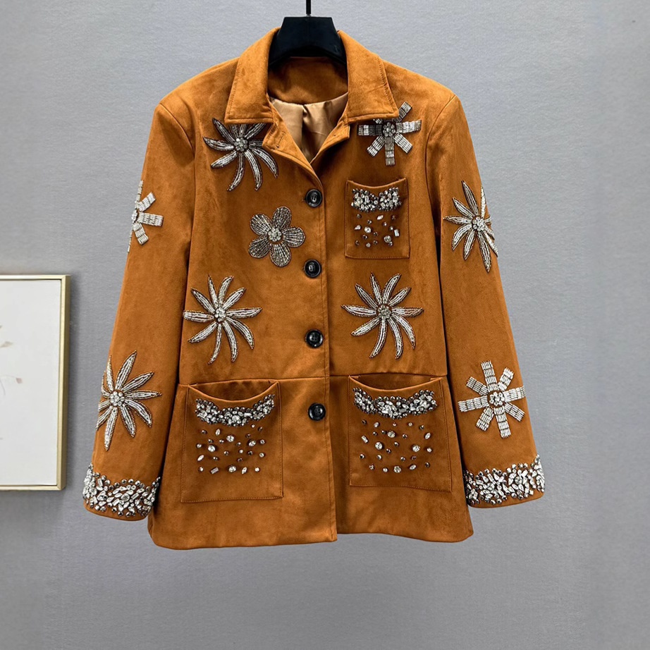 Heavy Industry Diamond Inlaid Suede Coat for Women 2025 Spring and Autumn New Style Loose and Slim European Goods Light Luxury Long Sleeve Top Trendy Brand