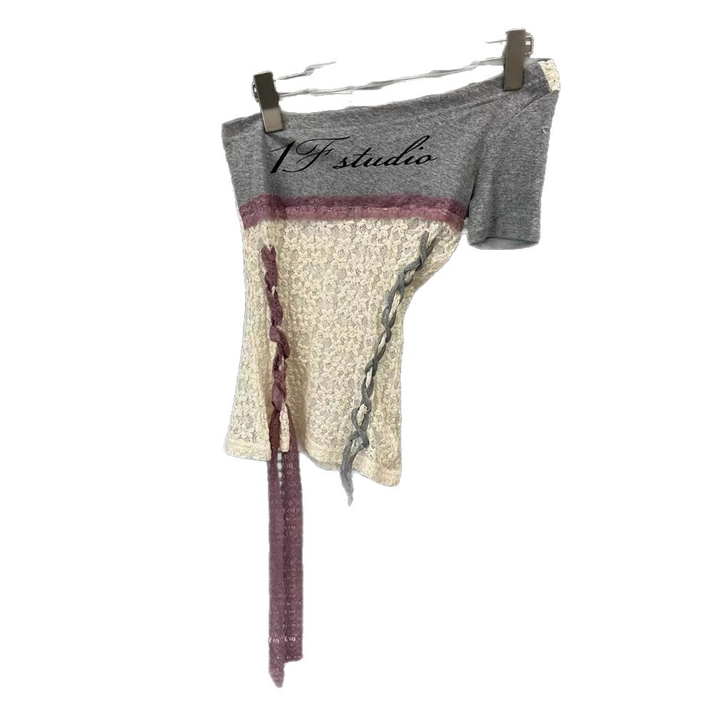 2025 Spring/Summer New American Spicy Girl Style Lace Splicing Fake Two piece Hoodie Women's Slant Shoulder Slimming Off Shoulder Top Trendy 2025 Spring/Summer New American Spicy Girl Style Lace Splicing Fake Two piece Hoodie Women's Slant Shoulder Slimming Off Shoulder Top Trendy