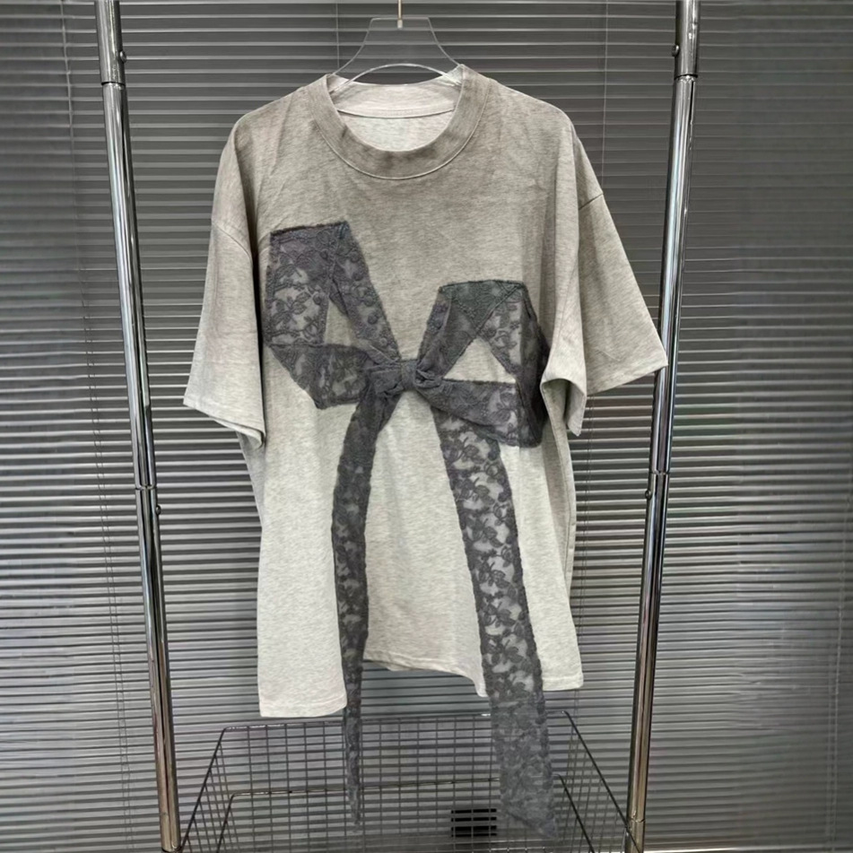 2025 spring/summer new niche design three-dimensional lace bow T-shirt medium long loose round neck gradient color