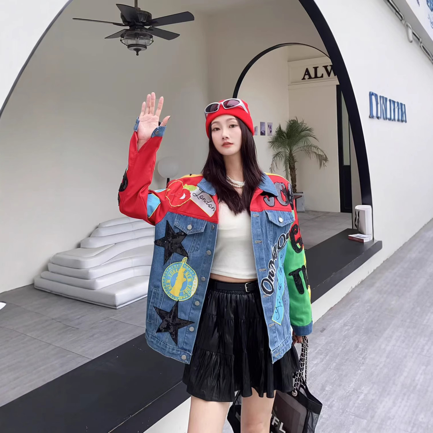European Station 2025 Spring New Color Contrasting Small Denim Coat Women's Splicing Short Jacket Casual Top
