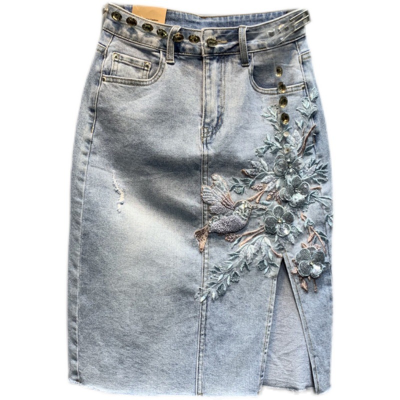 Original 2024 Summer New Heavy Crafted Embroidered Flower Denim Skirt Light Blue Split Retro Middle Skirt Original 2024 Summer New Heavy Crafted Embroidered Flower Denim Skirt Light Blue Split Retro Middle Skirt