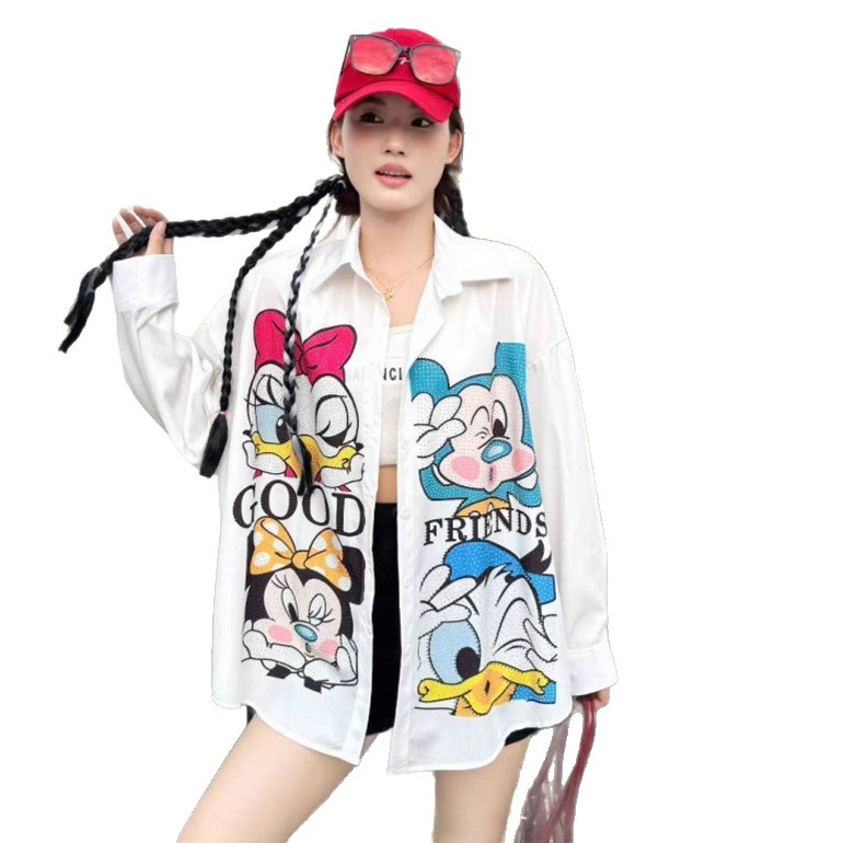 European Station Trendy Heavy Industry Printed Cartoon Shirt for Women 2025 Autumn New Style Loose and Stylish Versatile Long Sleeve Top European Station Trendy Heavy Industry Printed Cartoon Shirt for Women 2025 Autumn New Style Loose and Stylish Versatile Long Sleeve Top
