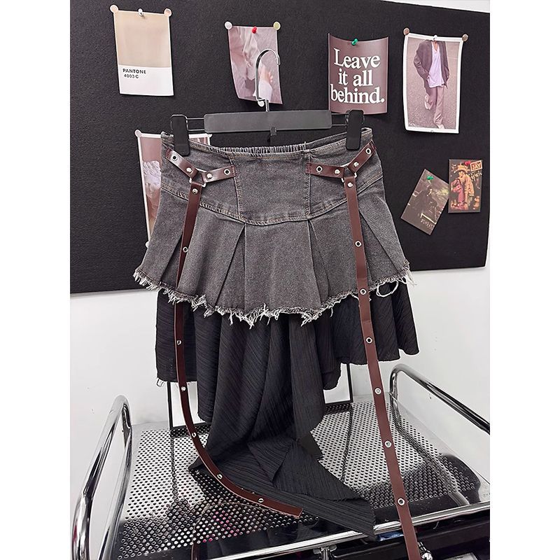 Retro patchwork denim pleated midi skirt for women's summer new style, with a spicy and fashionable high waist slimming A-line short skirt Retro patchwork denim pleated midi skirt for women's summer new style, with a spicy and fashionable high waist slimming A-line short skirt