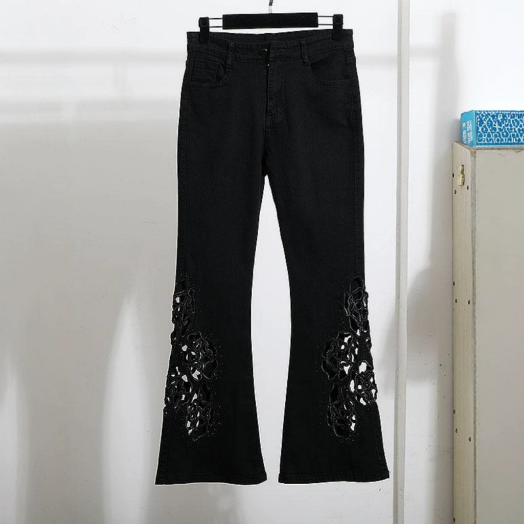 European Station 2025 Spring New Fashionable and Stylish Slimming and Slimming Heavy Industry Hollow Micro Horn Jeans Women's Trendy Brand European Station 2025 Spring New Fashionable and Stylish Slimming and Slimming Heavy Industry Hollow Micro Horn Jeans Women's Trendy Brand