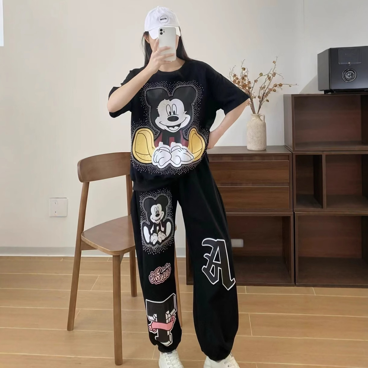 European 2025 Heavy Industry Mickey Hot Diamond Hoodie Women's Loose Round Neck Top+Pants Casual Two Piece Set Trendy Brand