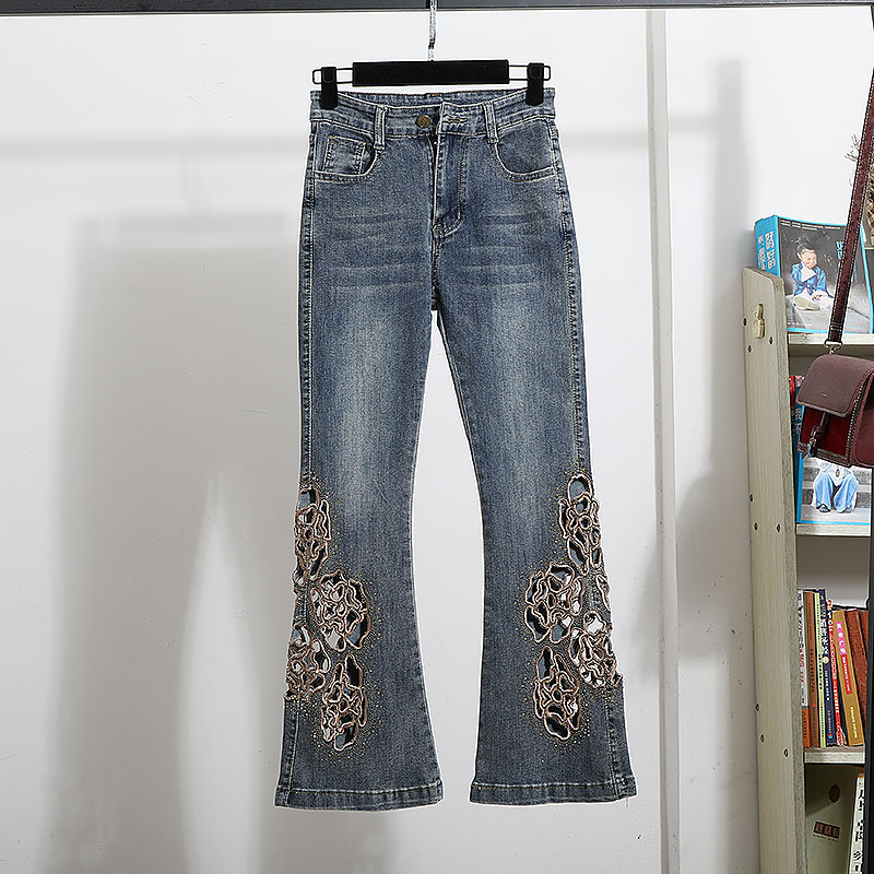 European Station 2025 Spring New Fashionable and Stylish Slimming and Slimming Heavy Industry Hollow Micro Horn Jeans Women's Trendy Brand European Station 2025 Spring New Fashionable and Stylish Slimming and Slimming Heavy Industry Hollow Micro Horn Jeans Women's Trendy Brand