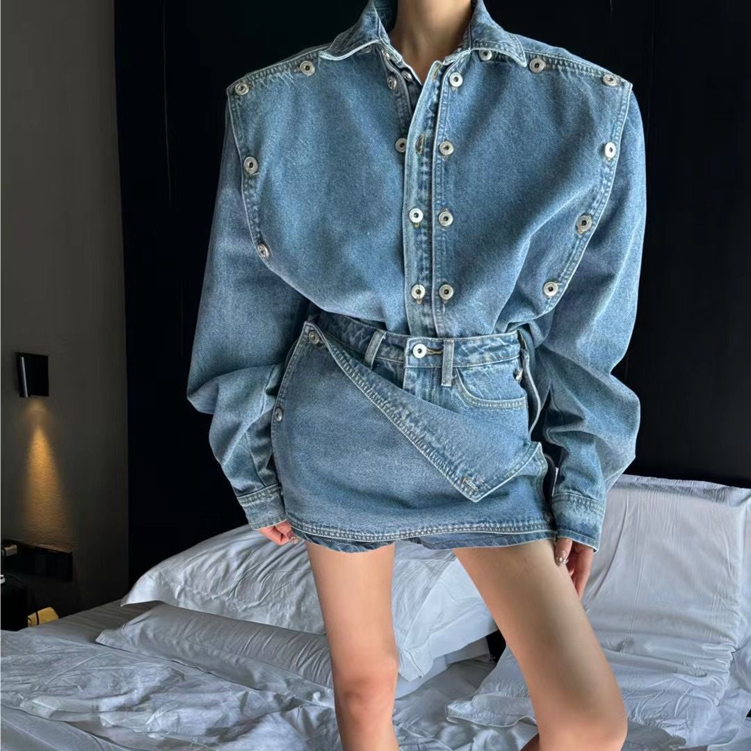South Korea 2023 early autumn new loose heavy button detachable denim jacket high waist slimming skirt pants set for women's fashion
