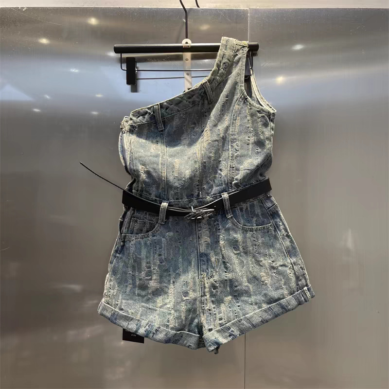 Irregular off shoulder denim jumpsuit with sloping shoulders, summer 2025 new product, stylish and age reducing, high waisted and slimming shorts trend