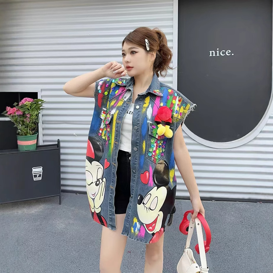Thailand Chaopai Heavy Industry Diamond studded Bead Cartoon Denim Coat Women's Western Design Small number vest Top Cross border