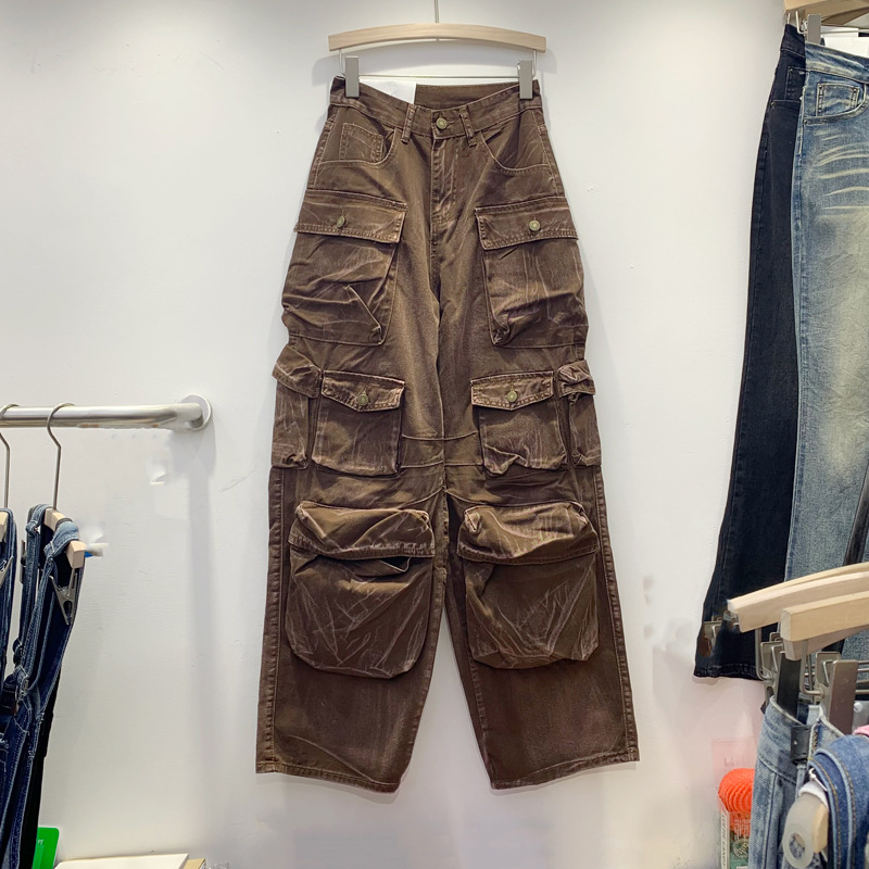 American retro 2023 autumn new straight leg pants loose pants heavy industry, large pocket workwear denim pants for women American retro 2023 autumn new straight leg pants loose pants heavy industry, large pocket workwear denim pants for women