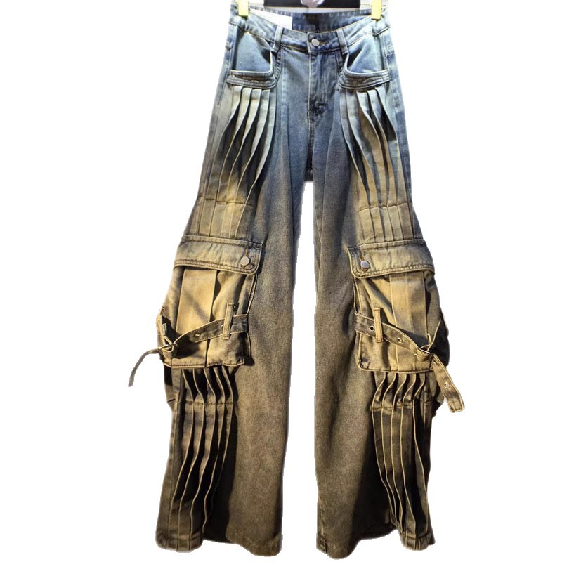 European station 2025 Spring and Autumn new pleated design, high waist slimming work pants, straight leg denim pants, women's trendy brand European station 2025 Spring and Autumn new pleated design, high waist slimming work pants, straight leg denim pants, women's trendy brand