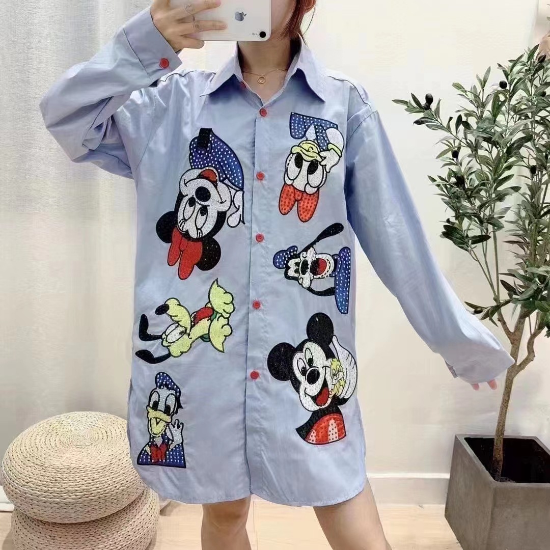 Thailand Chaopai Large Women's Dress Lazy Heavy Industry Cartoon Print Hot Paste Loose Medium length Shirt Long Sleeve Shirt