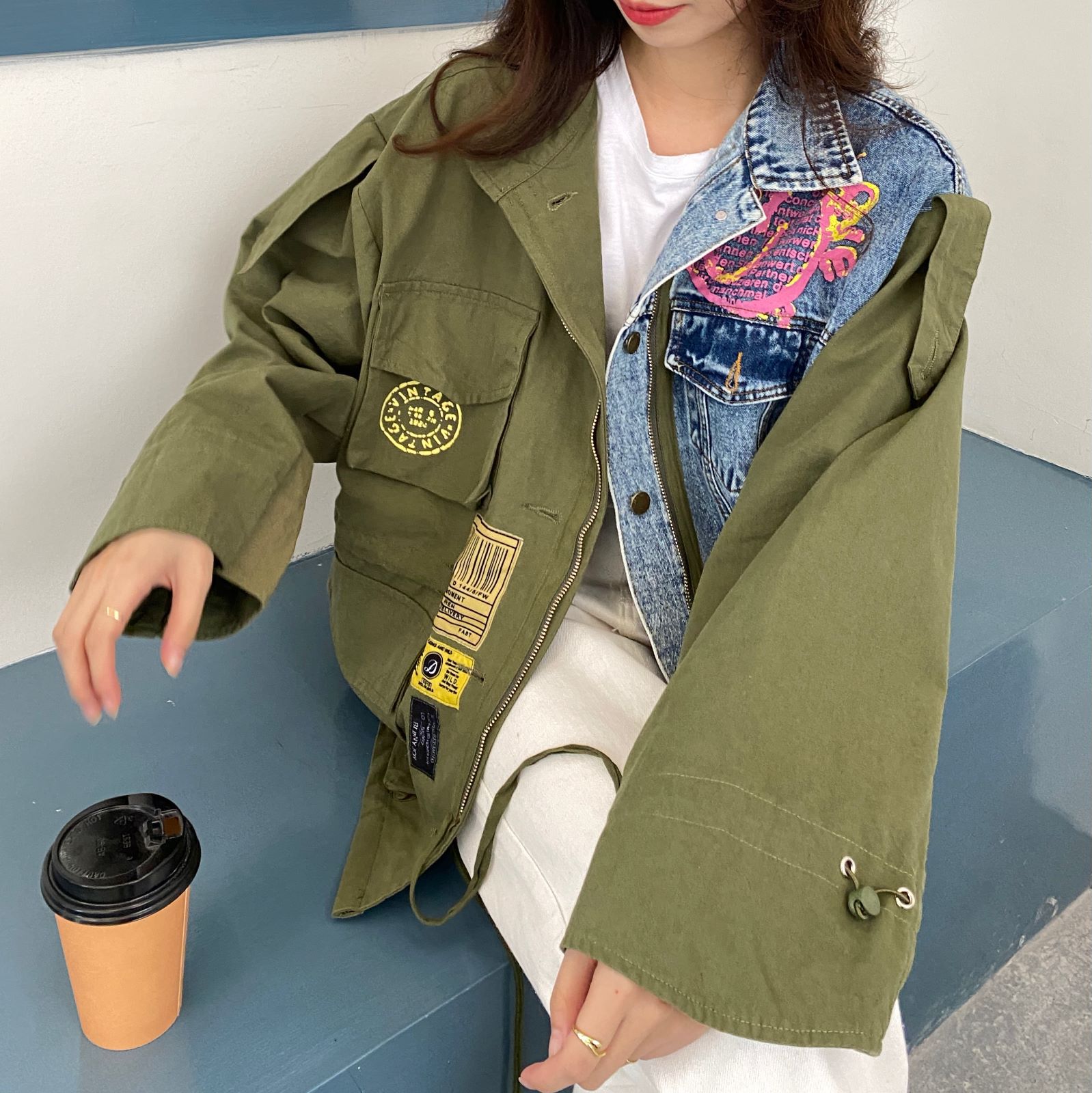 Thailand Trendy Brand 2023 Spring and Autumn New Print Fashion Versatile Loose Splice Contrast Denim Coat Women's Top Thailand Trendy Brand 2023 Spring and Autumn New Print Fashion Versatile Loose Splice Contrast Denim Coat Women's Top