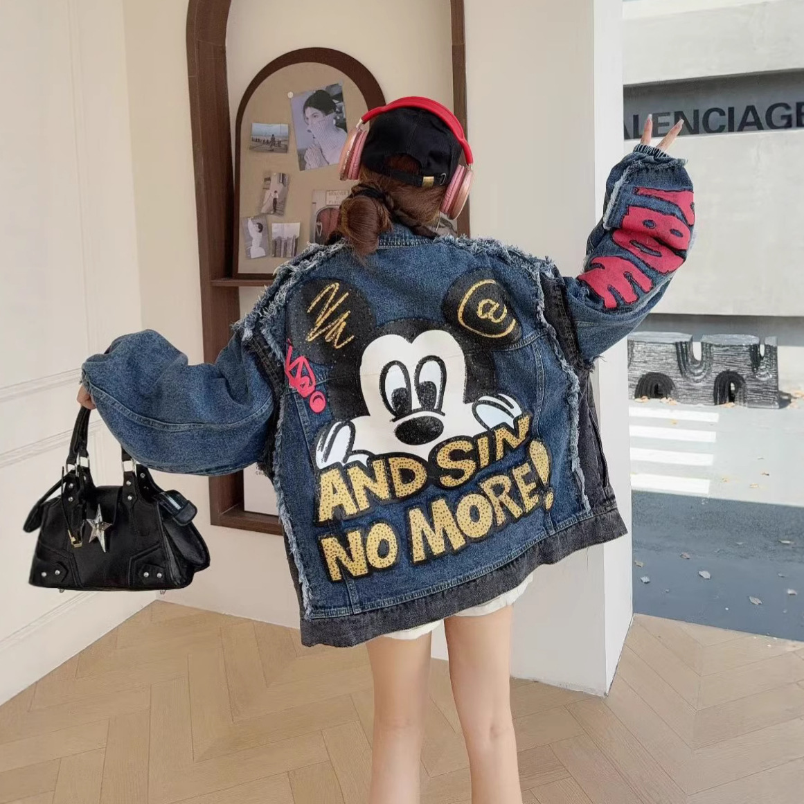 Trendy Heavy Industry Black Cowboy Jacket for Women 2025 New Autumn Fashion Western Style Loose Glitter Top Hong Kong Style Jacket