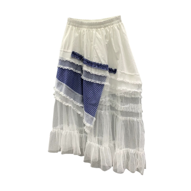 Irregular lace mesh patchwork skirt for women's summer 2025 new high waisted loose fit slimming A-line large swing long skirt Irregular lace mesh patchwork skirt for women's summer 2025 new high waisted loose fit slimming A-line large swing long skirt