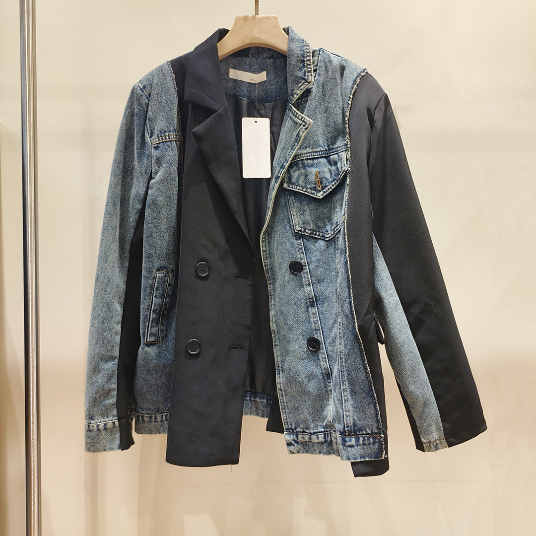 Hong Kong style retro patchwork denim jacket for women in the spring and autumn of 2025, irregular design sense, suit explosion street jacket, trendy top