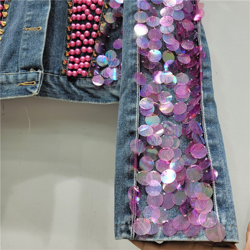2023 autumn new heavy industry nail bead powder sequin denim jacket, women's short and short top design jacket 2023 autumn new heavy industry nail bead powder sequin denim jacket, women's short and short top design jacket