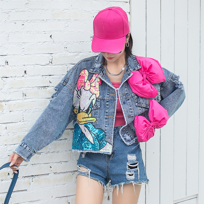 Thailand Chaopai Spring and Autumn New Heavy Industry Cartoon Sequins Short Denim Coat Women Bowknot Top Cross border Women's Wear