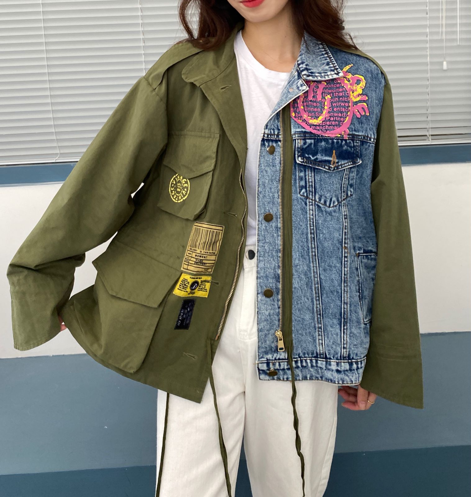 Thailand Trendy Brand 2023 Spring and Autumn New Print Fashion Versatile Loose Splice Contrast Denim Coat Women's Top Thailand Trendy Brand 2023 Spring and Autumn New Print Fashion Versatile Loose Splice Contrast Denim Coat Women's Top