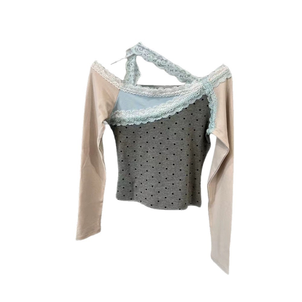 European Station 2025 Spring/Summer New American Spicy Girl Style Slim Fit and Versatile Lace Splicing Long Sleeve T-shirt for Women's Trendy European Station 2025 Spring/Summer New American Spicy Girl Style Slim Fit and Versatile Lace Splicing Long Sleeve T-shirt for Women's Trendy