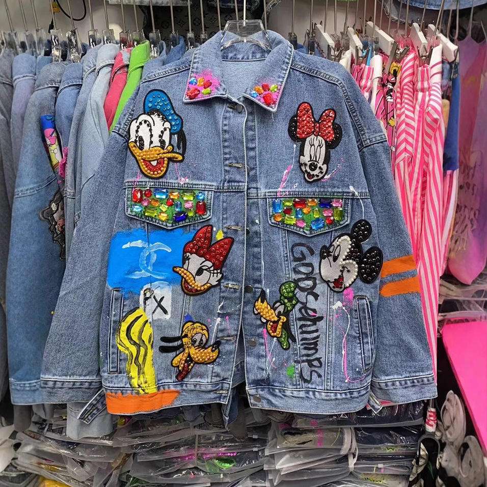 European fashion brand 2025 new retro niche design cartoon hand-painted graffiti denim women's jacket loose jacket