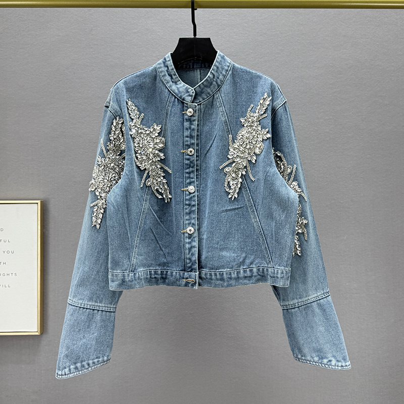 Thailand Fashion Brand Spring and Autumn 2025 New Products Heavy Industry Diamond inlaid Denim Coat Women's Loose Slim Stand Collar Long Sleeve Top Thailand Fashion Brand Spring and Autumn 2025 New Products Heavy Industry Diamond inlaid Denim Coat Women's Loose Slim Stand Collar Long Sleeve Top