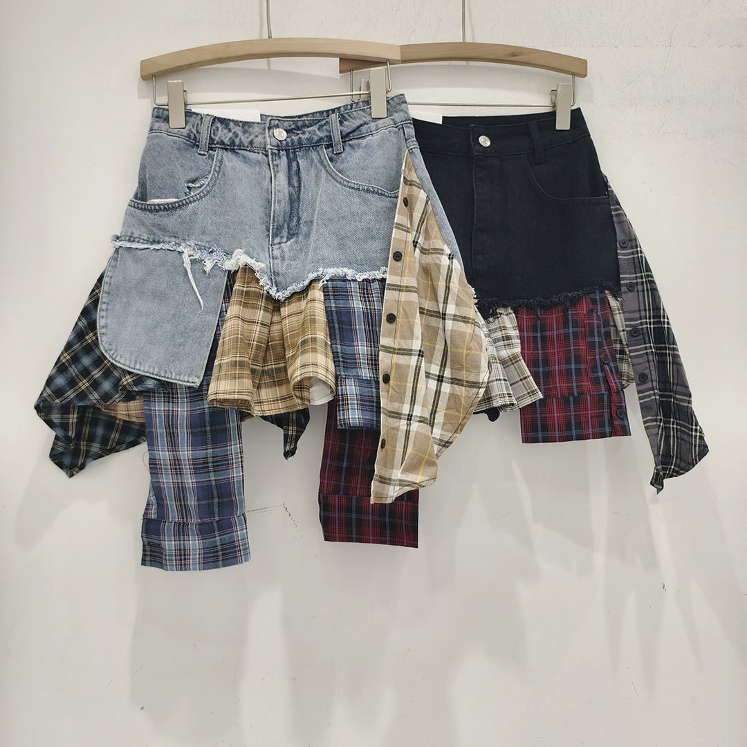 Abandoned earth style checkered patchwork denim short skirt for women in summer 2024, irregular skirt, spicy girl style retro explosive street skirt