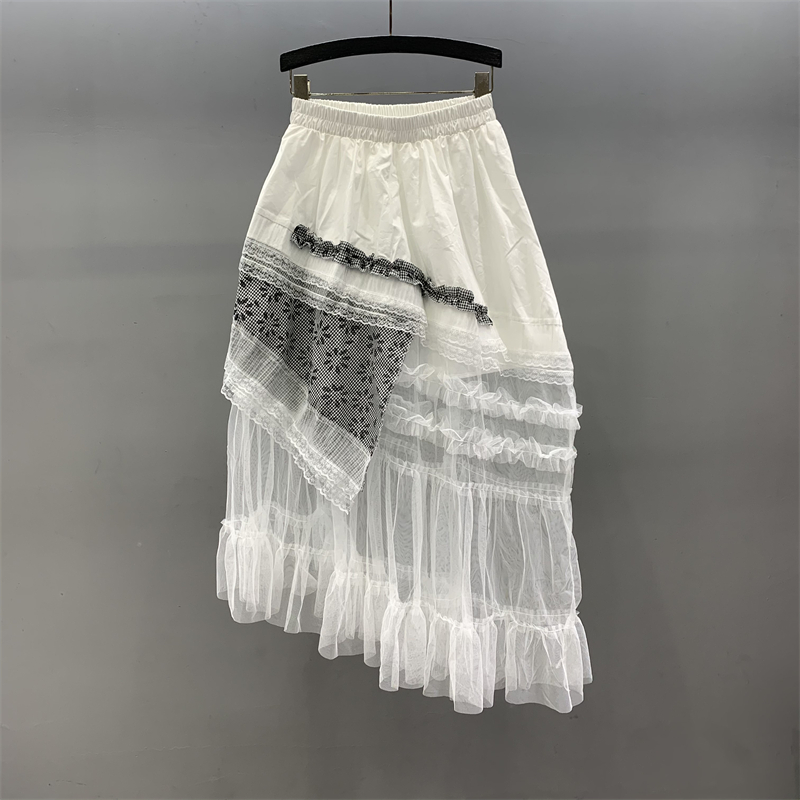 Irregular lace mesh patchwork skirt for women's summer 2025 new high waisted loose fit slimming A-line large swing long skirt Irregular lace mesh patchwork skirt for women's summer 2025 new high waisted loose fit slimming A-line large swing long skirt
